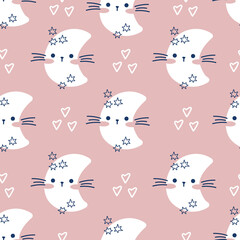 Draw seamless pattern with cute cats faces on pink pastel background Doodle cartoon style