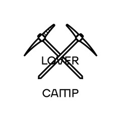 Simple pickaxes icon and Camp Lover inscription on white background