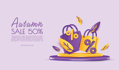 Autumn sale background with leaves, shopping bag, percent symbol acorn. Copy space text