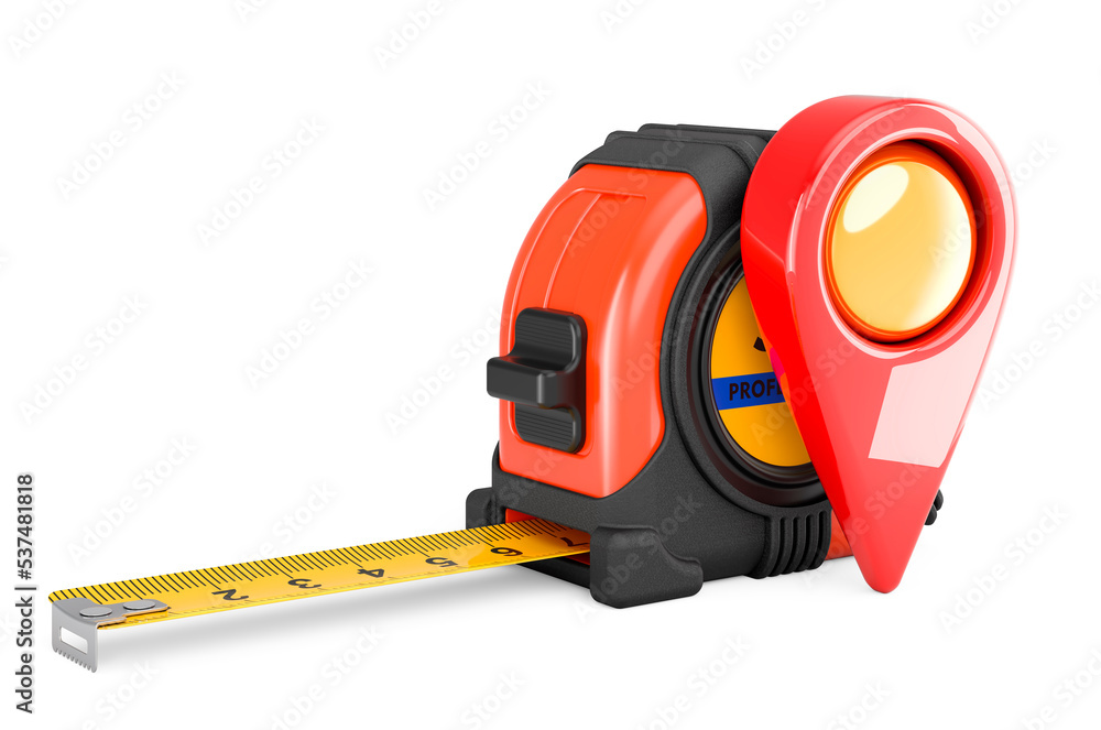 Poster tape measure with map pointer, 3d rendering