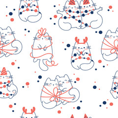 Draw seamless pattern with cute cats on white background for christmas and winter and New year Doodle cartoon style