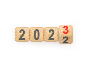 Changing the number of New Year 2022 on 2023 on wooden playing cubes. 3D Illustration