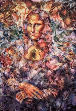 reproduction of Mona Lisa by Leonardo da Vinci in rose petals.