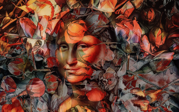 reproduction of Mona Lisa by Leonardo da Vinci in rose petals.
