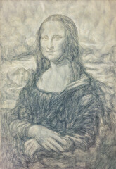 reproduction of Mona Lisa by Leonardo da Vinci and drawing effect.