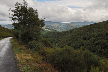 Road, valleys, forests, meadows and mountains on the way up to O Cebreiro, Spain. French Way of Saint James.