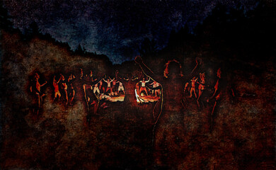 men dancing at night by the fire, man ceremony. - obrazy, fototapety, plakaty