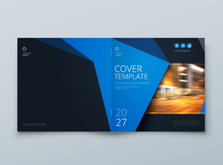Square Brochure template layout design. Corporate business annual report, catalog, magazine mockup. Layout with modern blue elements and photo. Creative poster, booklet, flyer or banner concept