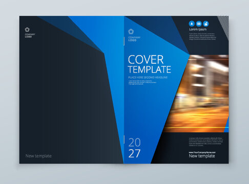 Brochure template layout design. Corporate business annual report, catalog, magazine mockup. Layout with modern blue elements and urban style photo. Creative poster, booklet, flyer or banner concept