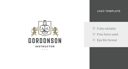 Obraz premium Athletic man portrait posing with crossed hands fitness club vintage logo design template vector