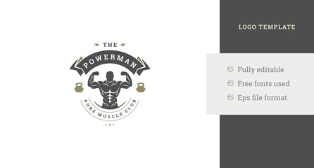 Fototapeta premium Premium fitness club vintage logo design template male muscular bodybuilder place for text vector