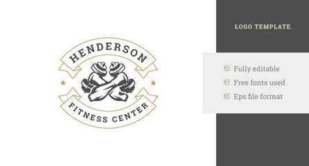 Fototapeta premium Strong crossed male hands training with dumbbells fitness club vintage logo design template vector