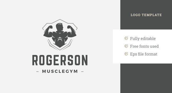 Monochrome biceps muscular male silhouette vintage logo design template geometric shield vector - Powered by Adobe