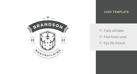 Male muscular abs torso heraldic shield gym center logo design template with ribbon vector