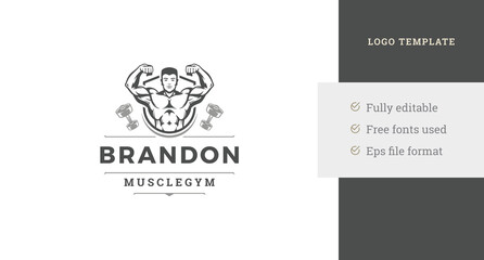 Athletic man muscular biceps abs body raising hands fitness center logo design template vector