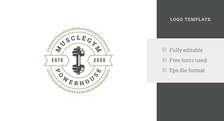 Fitness club circle vintage logo design template vertical dumbbell and metallic chain vector