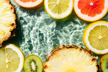 Colorful abstract image of fruit citrus lemon, kiwi, orange, pineapple, grapefruit, lemon, pomelo...