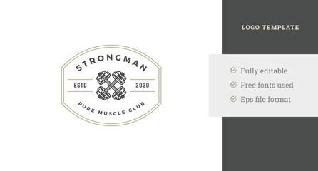 Fitness center vintage logo design template crossed dumbbells heavy metallic equipment vector