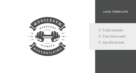 Metallic heavy dumbbell with lightning and ribbon fitness club vintage logo design template vector