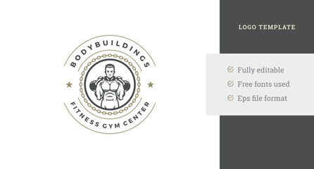 Athletic muscular man heavy weight fitness club sport training circle logo design template vector