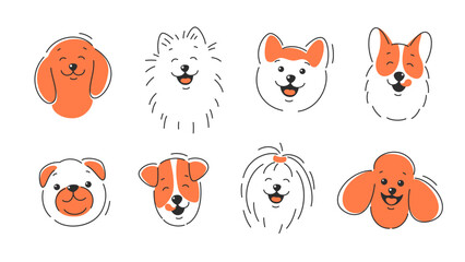 Set of dog faces of different breeds. Corgi, Akita, spitz , Dachshund, Poodle, Terrier, Pug. Happy dog face with tongue hanging out, with open and closed mouth. Vector illustration