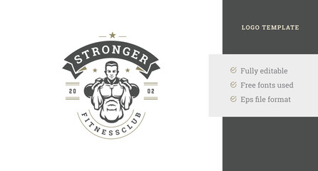 Portrait strong athletic man weight powerlifting gym club vintage logo design template vector