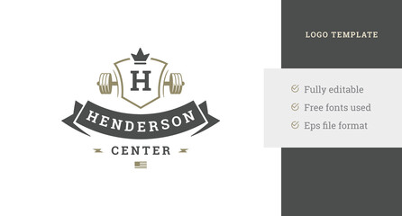 Premium fitness center logo design template heraldic shield crown with dumbbell vector illustration