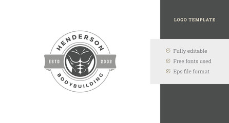 Athletic male torso abs muscle silhouette fitness club circle vintage logo design template vector