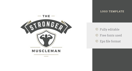 Strong man muscle biceps in heraldic shield decor ribbon fitness center logo design template vector