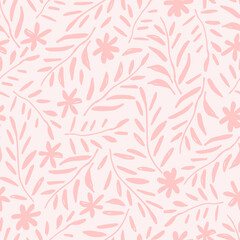 Fototapeta na wymiar Simple gentle calm floral vector seamless pattern in pastel colors. Pink flowers, twigs, leaves on a light background. For fabric prints, textiles, clothes. Spring-summer collection.