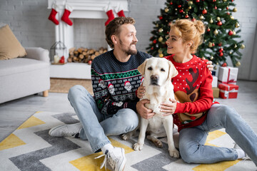 Positive couple in sweaters hugging labrador during christmas at home