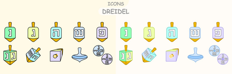 dreidel flat icons set with outline. icons for web browser. icons: dreidel at an angle, dreidel with letters and others.