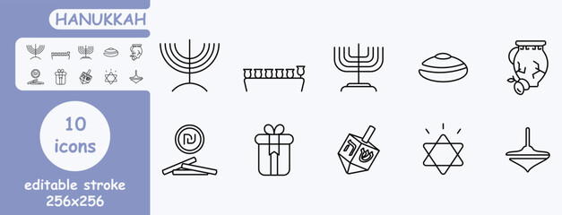 hanukkah outline icons set. icons for web browser. icons: donut, dreidel, magen david and others.