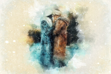two shaman woman in nature, winter landscape. Painting effect.