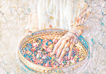 Rose flower for the preparation of essential oil. Spa and aromatherapy. Rose in woman hand. Painting effect.