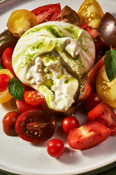 burrata salad with tomatoes. Close up