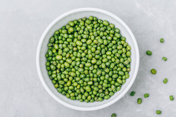 Green Gram. Organic Mung Beans in bowl on gray stone background.