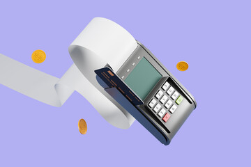 Bank terminal with a long check on a pink background. The concept of paying for purchases with a bank card. 3d rendering - obrazy, fototapety, plakaty