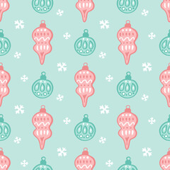 Christmas tree toy, decoration with snowflake, vector seamless pattern on green background