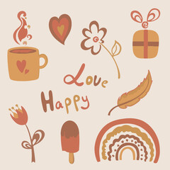 Set of cute boho-style objects, heart, mug, rainbow, flowers, feather, gift, vector