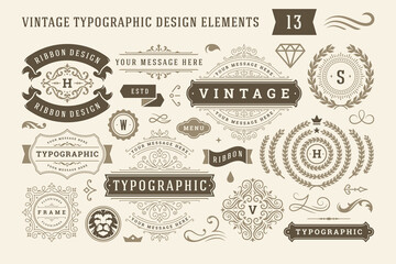 Vintage typographic design elements set vector illustration.