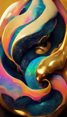 Multicolor neon gold abstract dynamic fluid liquid swirls shape background. 3D digital illustration.