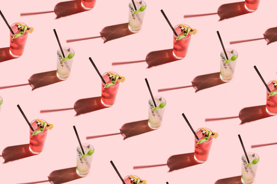 Summer drinks on pink background