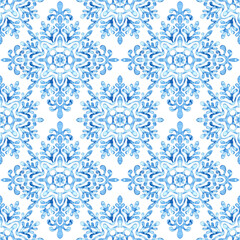 Seamless moroccan pattern. Flowers vintage tile. Blue and white watercolor ornament painted with paint on paper. Handmade. Print for textiles. Set grunge texture.
