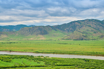 Fototapeta na wymiar View of the Selenga River from Mount Omulevaya near the city of Ulan-Ude, Republic of Buryatia, Russia.