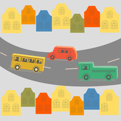 Houses and cars on the road in the city in cartoon style