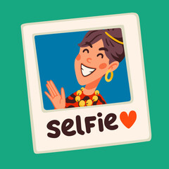 Selfie photo sticker for a social media, making a blog or vlog vector flat illustration. Set of cartoon icons for making internet content
