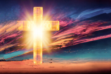 Shining cross on Calvary hill, sunrise, sunset sky background. Copy space. Ascension day concept. Christian Easter. Faith in Jesus Christ. Christianity. Church worship, salvation concept. 