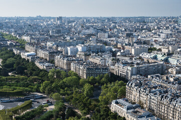 Fototapeta premium Panoramic view from second floor of Eiffel tower in Paris. View of the buildings, parks