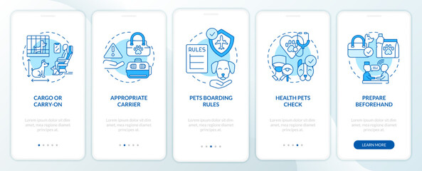 Fly with pets blue onboarding mobile app screen. Airline requirements walkthrough 5 steps editable graphic instructions with linear concepts. UI, UX, GUI template. Myriad Pro-Bold, Regular fonts used